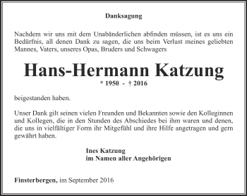 Traueranzeige von Hans-Hermann Katzung von Ostthüringer Zeitung, Thüringische Landeszeitung