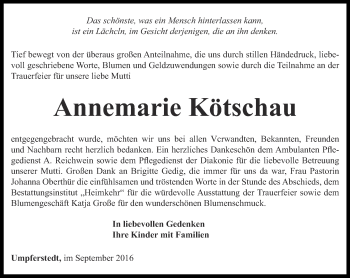 Traueranzeige von Annemarie Kötschau von Thüringer Allgemeine, Thüringische Landeszeitung