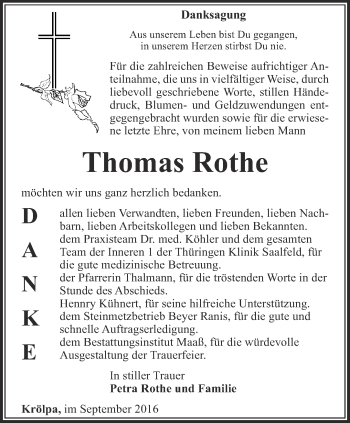 Traueranzeige von Thomas Rothe von Ostthüringer Zeitung