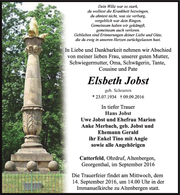 Traueranzeige von Elsbeth Jobst von Ostthüringer Zeitung, Thüringische Landeszeitung