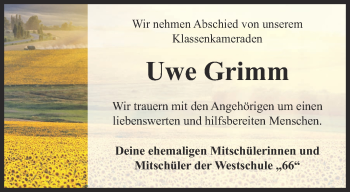 Traueranzeige von Uwe Grimm von Ostthüringer Zeitung, Thüringische Landeszeitung