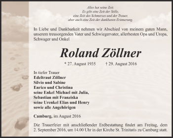 Traueranzeige von Roland Zöllner von Ostthüringer Zeitung, Thüringische Landeszeitung