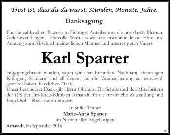 Traueranzeige von Karl Sparrer von Thüringer Allgemeine