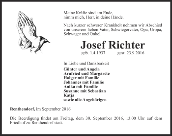 Traueranzeige von Josef Richter von Ostthüringer Zeitung