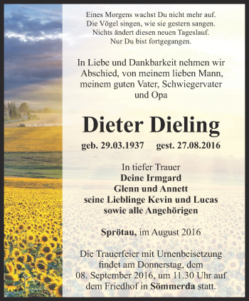 Traueranzeige von Dieter Dieling von Thüringer Allgemeine