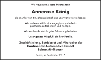 Traueranzeige von Annerose König von Thüringer Allgemeine, Thüringische Landeszeitung