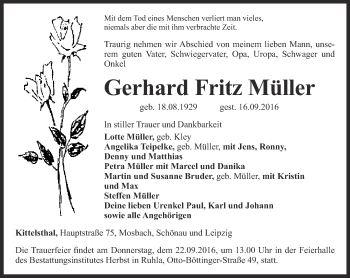 Traueranzeige von Gerhard Fritz Müller von Thüringer Allgemeine, Thüringische Landeszeitung