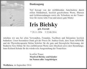 Traueranzeige von Bielsky Iris von Thüringer Allgemeine