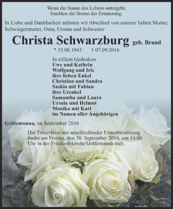 Traueranzeige von Christa Schwarzburg von Thüringer Allgemeine, Thüringische Landeszeitung