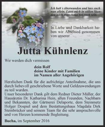 Traueranzeige von Jutta Kühnlenz von Ostthüringer Zeitung, Thüringische Landeszeitung