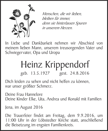 Traueranzeige von Heinz Krippendorf von Ostthüringer Zeitung, Thüringische Landeszeitung