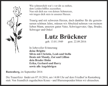 Traueranzeige von Lutz Brückner von Thüringer Allgemeine