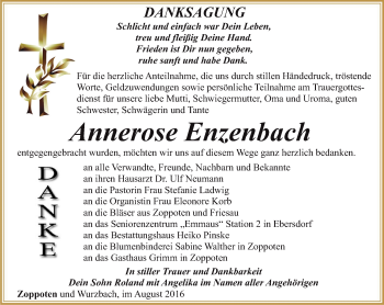Traueranzeige von Annerose Enzenbach von Ostthüringer Zeitung