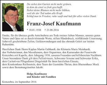 Traueranzeige von Franz-Josef Kaufmann von Thüringer Allgemeine