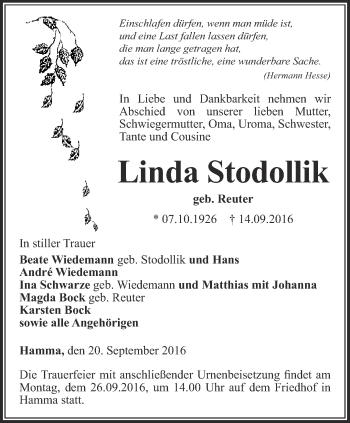 Traueranzeige von Linda Stodollik von Thüringer Allgemeine