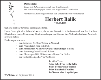 Traueranzeige von Herbert Balik von Thüringer Allgemeine