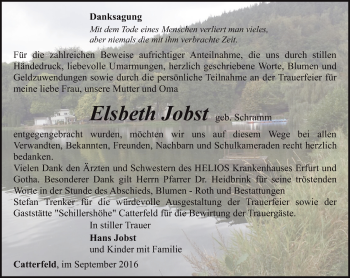 Traueranzeige von Elsbeth Jobst von Ostthüringer Zeitung, Thüringische Landeszeitung