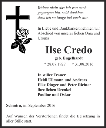 Traueranzeige von Ilse Credo von Thüringer Allgemeine, Thüringische Landeszeitung