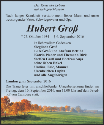 Traueranzeige von Hubert Groß von Ostthüringer Zeitung, Thüringische Landeszeitung