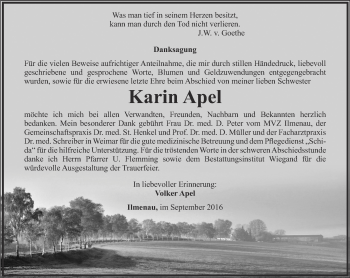 Traueranzeige von Karin Apel von Thüringer Allgemeine