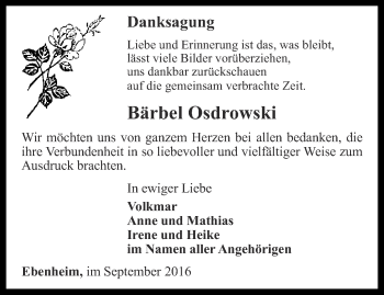 Traueranzeige von Bärbel Osdrowski von Ostthüringer Zeitung, Thüringische Landeszeitung