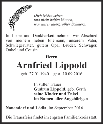 Traueranzeige von Arnfried Lippold von Ostthüringer Zeitung