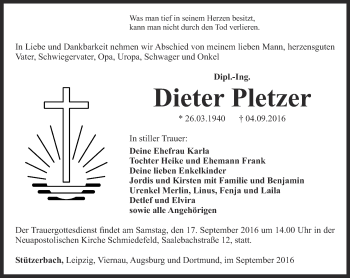 Traueranzeige von Dieter Pletzer von Thüringer Allgemeine