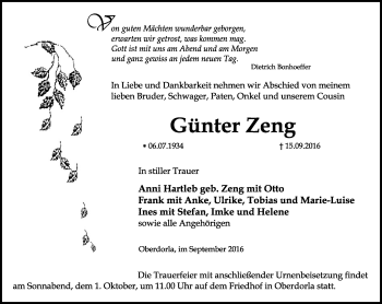 Traueranzeige von Günter Zeng von Thüringer Allgemeine, Thüringische Landeszeitung