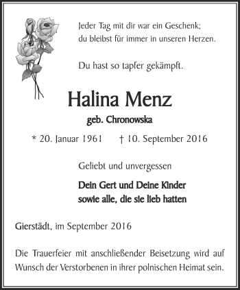 Traueranzeige von Halina Menz von Thüringer Allgemeine, Thüringische Landeszeitung