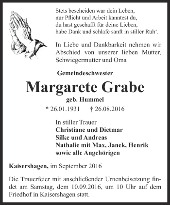 Traueranzeige von Margarete Grabe von Thüringer Allgemeine, Thüringische Landeszeitung