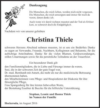 Traueranzeige von Christina Thiele von Ostthüringer Zeitung