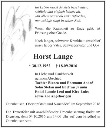 Traueranzeige von Horst Lange von Thüringer Allgemeine