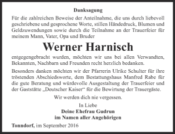 Traueranzeige von Wilhelm Harnisch von Thüringer Allgemeine, Thüringische Landeszeitung