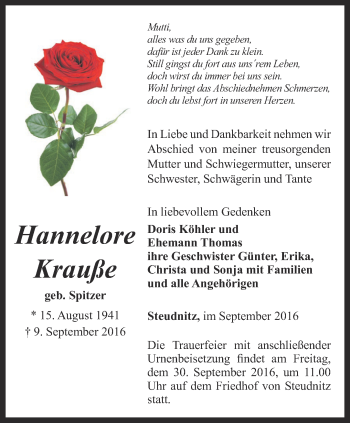 Traueranzeige von Hannelore Krauße von Ostthüringer Zeitung, Thüringische Landeszeitung