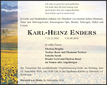 Traueranzeige von Karl-Heinz Enders von Ostthüringer Zeitung