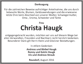 Traueranzeige von Christa Haugk von Ostthüringer Zeitung