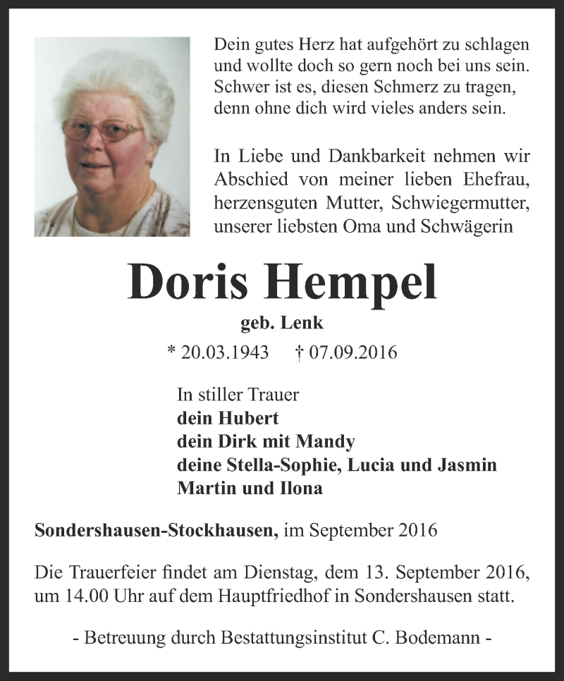  Traueranzeige für Doris Hempel vom 10.09.2016 aus Thüringer Allgemeine