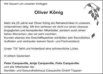 Traueranzeige von Oliver König von Ostthüringer Zeitung, Thüringische Landeszeitung