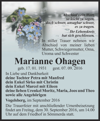 Traueranzeige von Marianne Ohagen von Thüringer Allgemeine