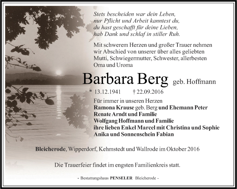  Traueranzeige für Barbara Berg vom 28.09.2016 aus Thüringer Allgemeine