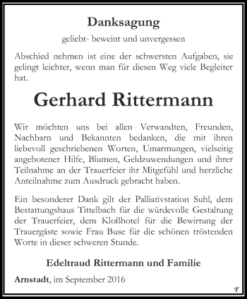 Traueranzeige von Gerhard Rittermann von Thüringer Allgemeine