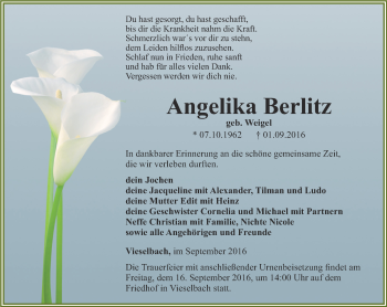 Traueranzeige von Angelika Berlitz von Thüringer Allgemeine, Thüringische Landeszeitung