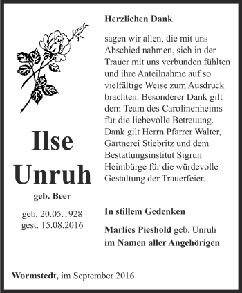 Traueranzeige von Ilse Unruh von Thüringer Allgemeine, Thüringische Landeszeitung