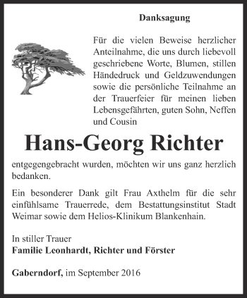 Traueranzeige von Hans-Georg Richter von Thüringer Allgemeine, Thüringische Landeszeitung