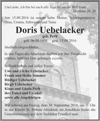 Traueranzeige von Doris Uebelacker von Ostthüringer Zeitung, Thüringische Landeszeitung