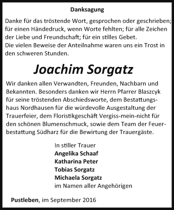 Traueranzeige von Joachim Sorgatz von Thüringer Allgemeine