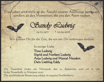 Traueranzeige von Sandy Ludwig von Ostthüringer Zeitung