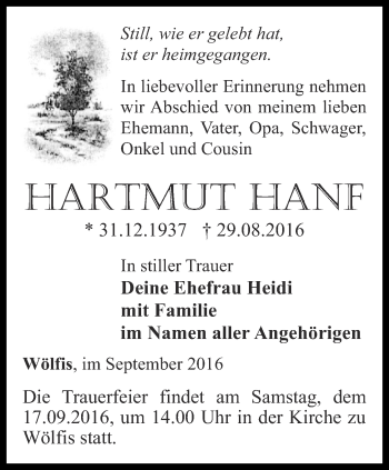 Traueranzeige von Hartmut Hanf von Ostthüringer Zeitung, Thüringische Landeszeitung