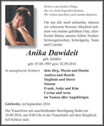 Traueranzeige von Annika Dawideit von Ostthüringer Zeitung