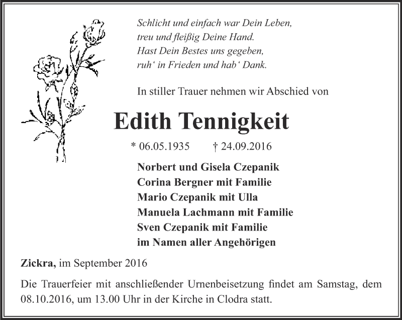  Traueranzeige für Edith Tennigkeit vom 28.09.2016 aus Ostthüringer Zeitung